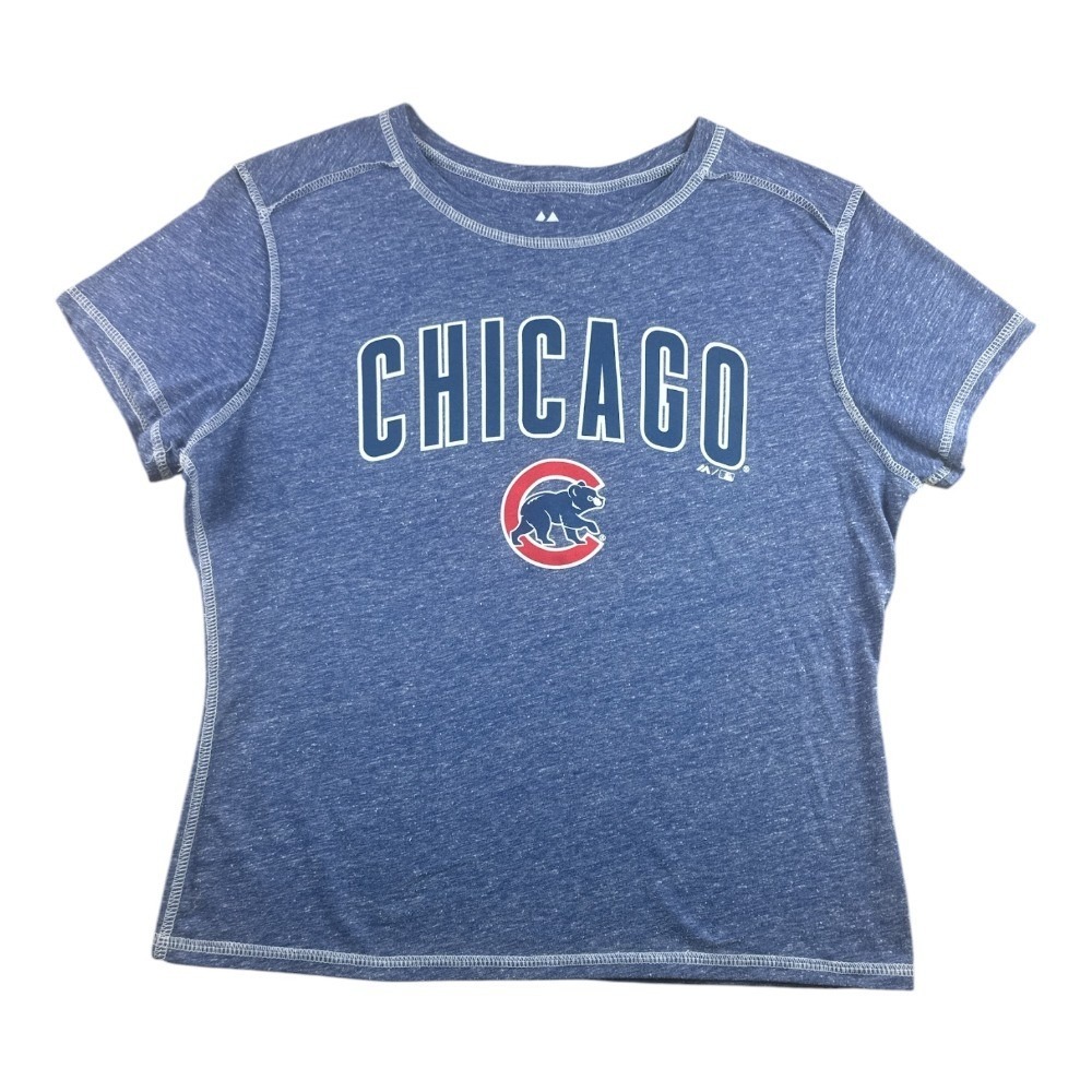 Chicago Cubs MLB T-Shirt Womens Medium Blue Heather Graphic Tee Sporty Majestic